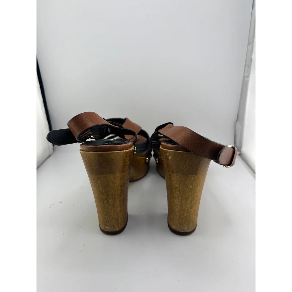 Coach Adessa Tan Leather Wooden Platform Clog Sandals Brown Q6931 Size 9B